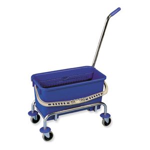 Herramienta escurridor recipiente azul con ruedas y mango